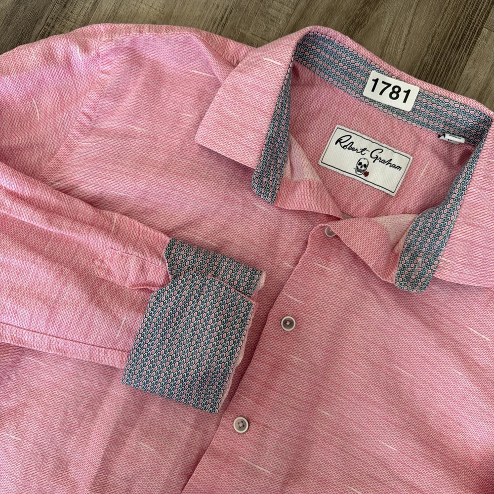 Robert Graham Linen Blend Pink Button Up Flip Cuff Shirt Mens Long Sleeve Large
